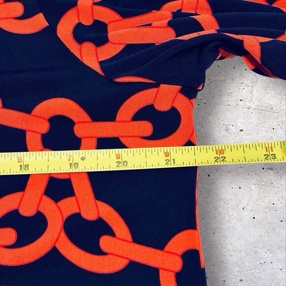 Frank Lyman Chain Print Knit Top Women’s Size 14 Navy Blue Orange Bell Sleeves - Picture 6 of 12